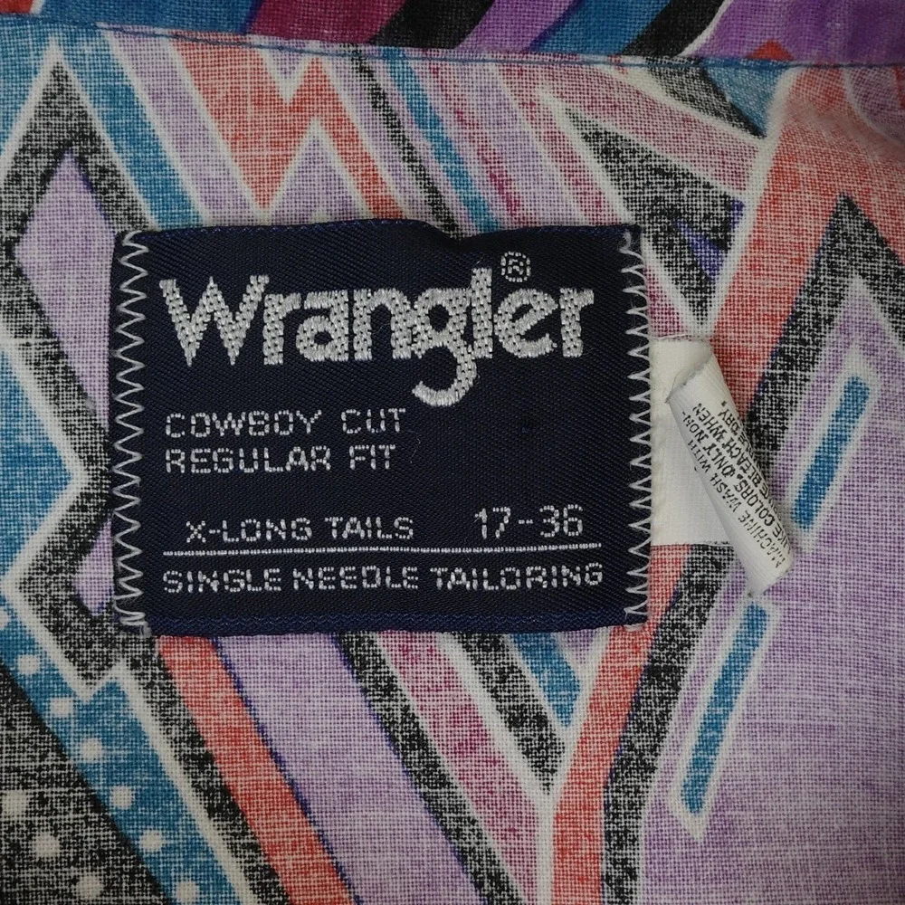 Vintage Wrangler Shirt Mens 17-36 Cowboy Western X Long Tail Brushpopper Native